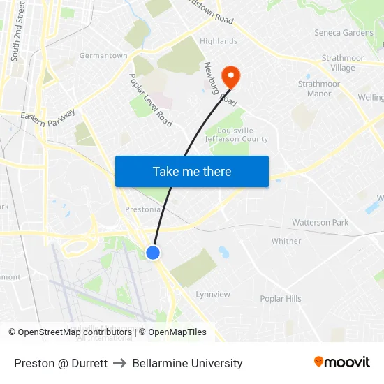 Preston @ Durrett to Bellarmine University map