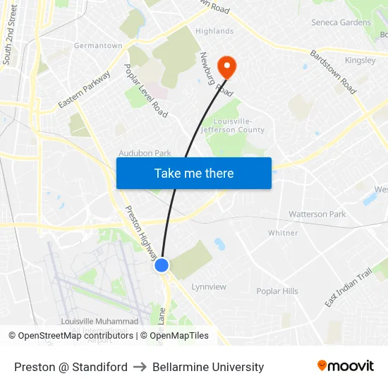 Preston @ Standiford to Bellarmine University map