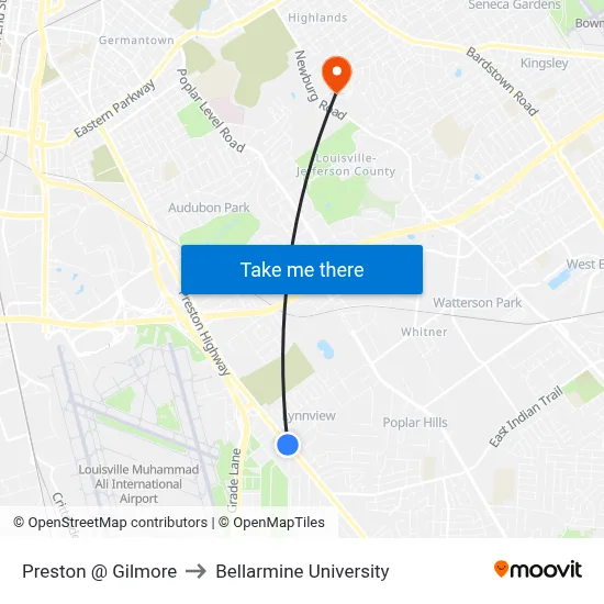 Preston @ Gilmore to Bellarmine University map