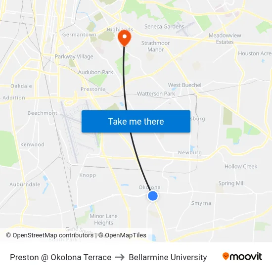 Preston @ Okolona Terrace to Bellarmine University map