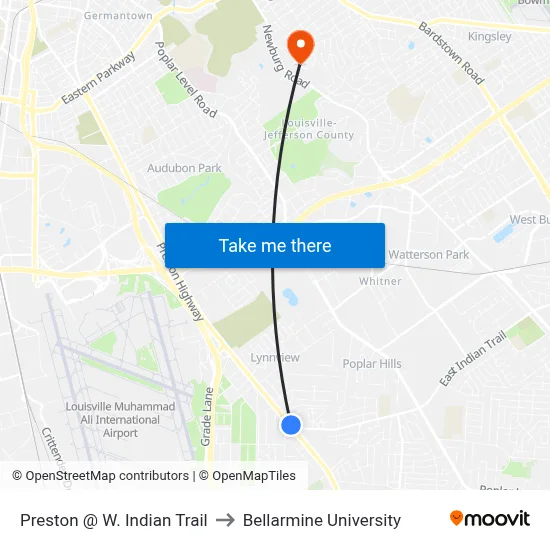 Preston @ W. Indian Trail to Bellarmine University map