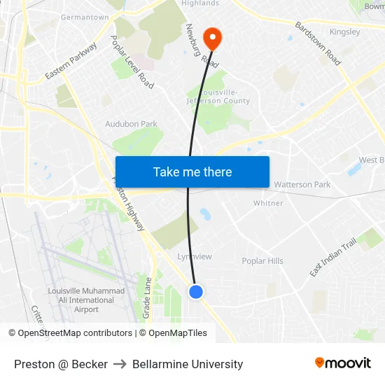 Preston @ Becker to Bellarmine University map