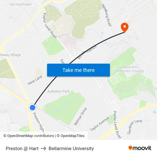 Preston @ Hart to Bellarmine University map