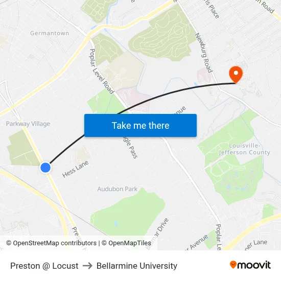 Preston @ Locust to Bellarmine University map