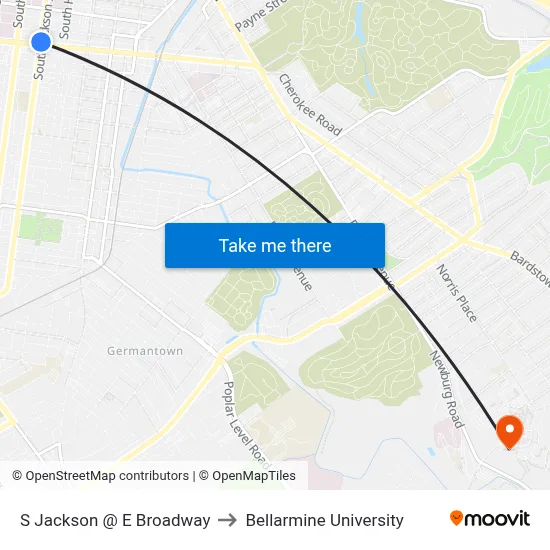 S Jackson @ E Broadway to Bellarmine University map