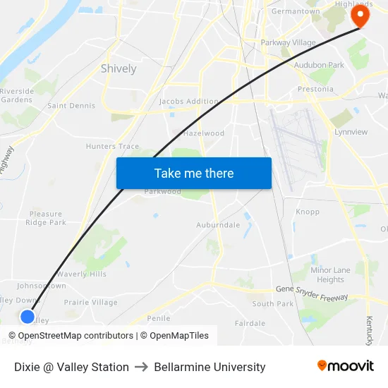 Dixie @ Valley Station to Bellarmine University map