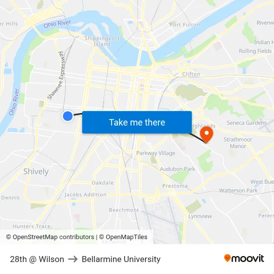 28th @ Wilson to Bellarmine University map