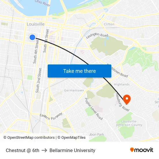 Chestnut @ 6th to Bellarmine University map