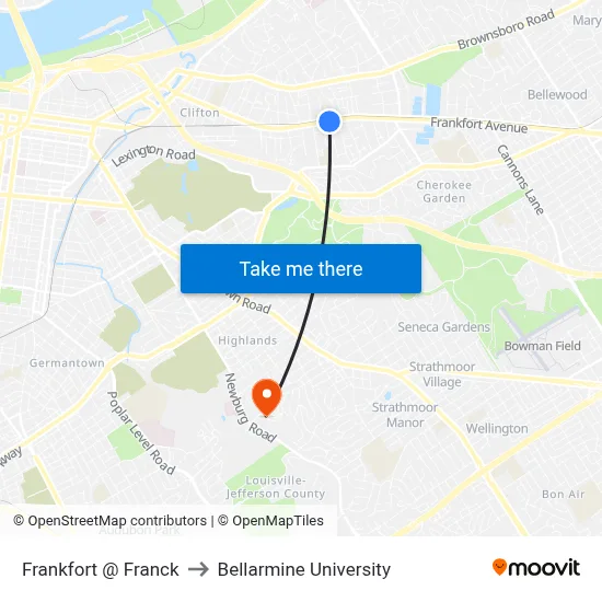 Frankfort @ Franck to Bellarmine University map