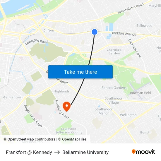 Frankfort @ Kennedy to Bellarmine University map