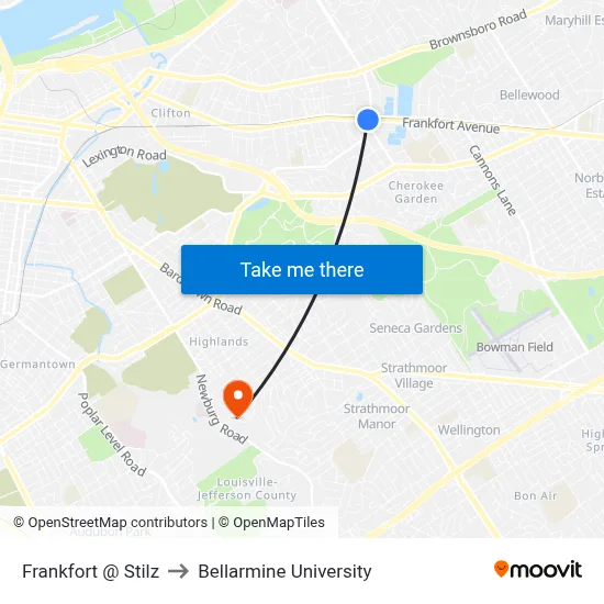 Frankfort @ Stilz to Bellarmine University map