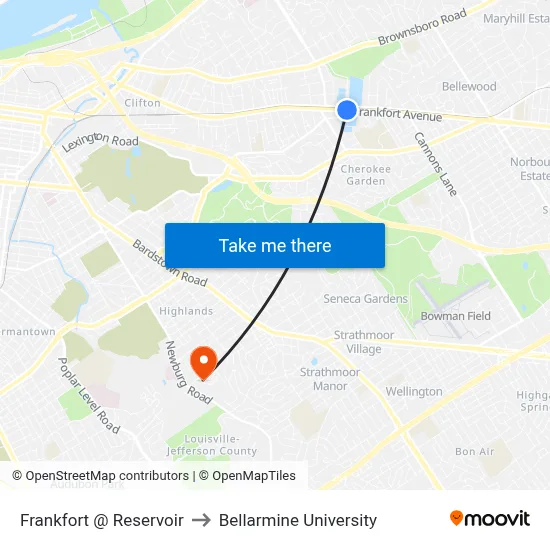 Frankfort @ Reservoir to Bellarmine University map