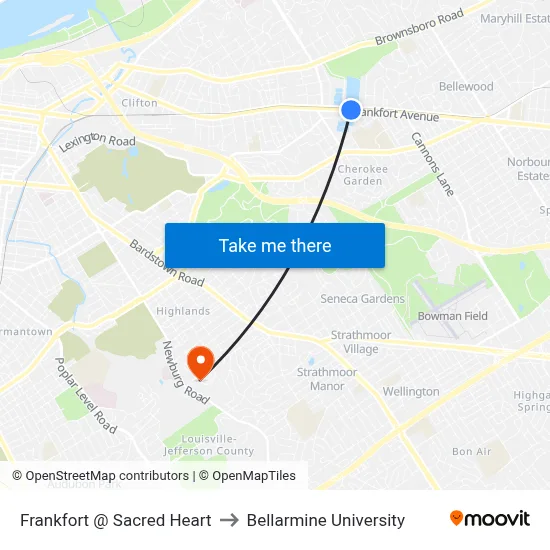 Frankfort @ Sacred Heart to Bellarmine University map