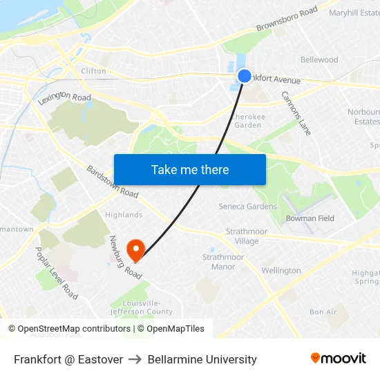 Frankfort @ Eastover to Bellarmine University map