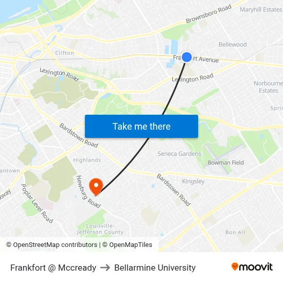 Frankfort @ Mccready to Bellarmine University map