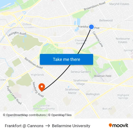 Frankfort @ Cannons to Bellarmine University map