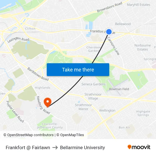 Frankfort @ Fairlawn to Bellarmine University map