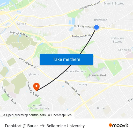 Frankfort @ Bauer to Bellarmine University map