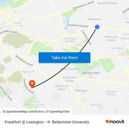 Frankfort @ Lexington to Bellarmine University map