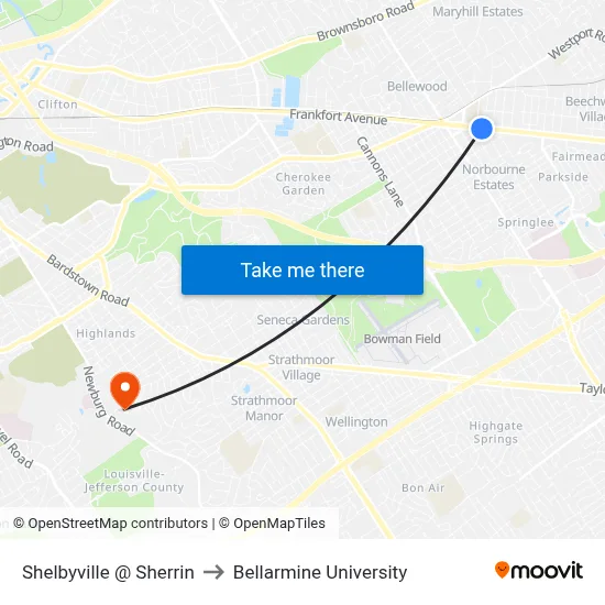 Shelbyville @ Sherrin to Bellarmine University map