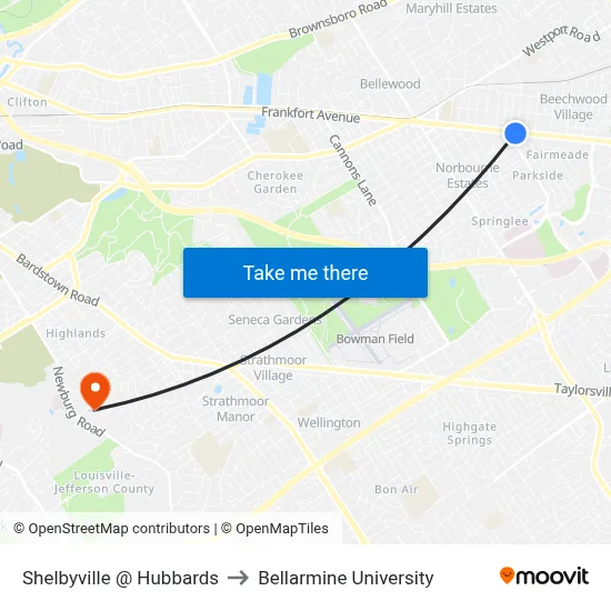 Shelbyville @ Hubbards to Bellarmine University map