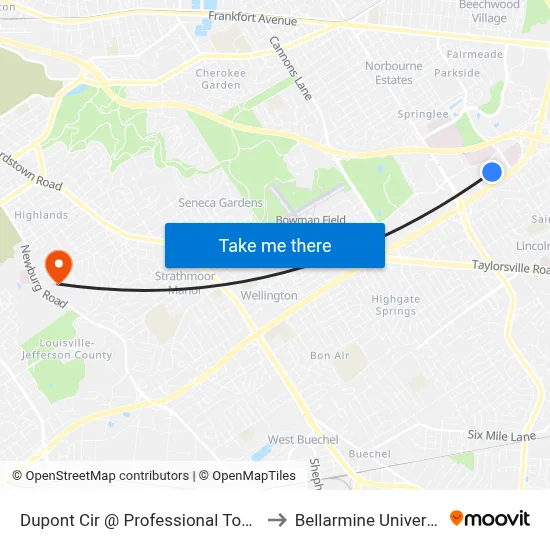 Dupont Cir @ Professional Towers to Bellarmine University map