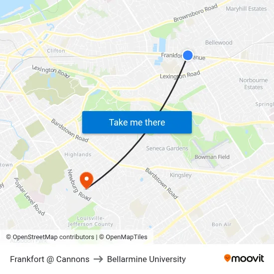 Frankfort @ Cannons to Bellarmine University map