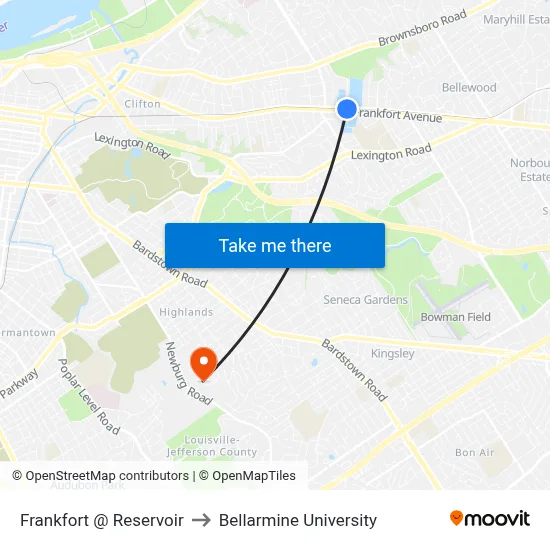 Frankfort @ Reservoir to Bellarmine University map