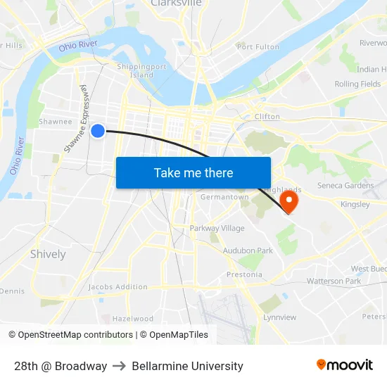 28th @ Broadway to Bellarmine University map