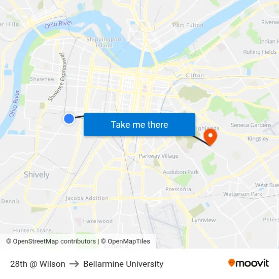 28th @ Wilson to Bellarmine University map