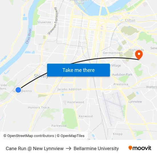 Cane Run @ New Lynnview to Bellarmine University map