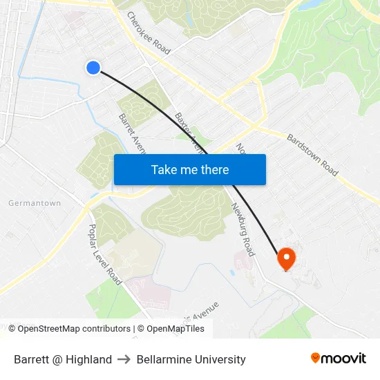 Barrett @ Highland to Bellarmine University map