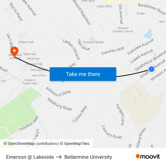 Emerson @ Lakeside to Bellarmine University map