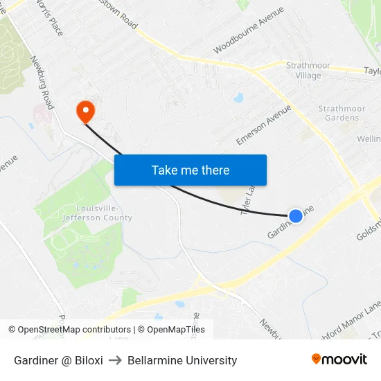 Gardiner @ Biloxi to Bellarmine University map