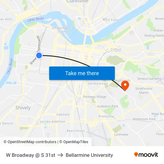 W Broadway @ S 31st to Bellarmine University map