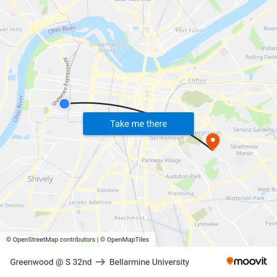 Greenwood @ S 32nd to Bellarmine University map