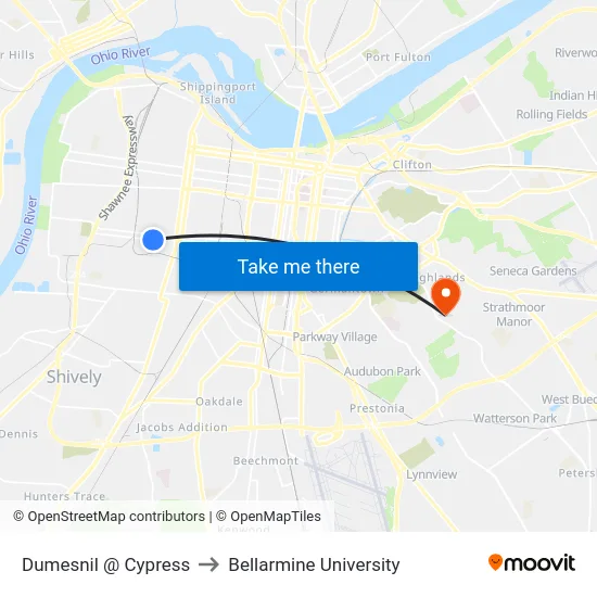 Dumesnil @ Cypress to Bellarmine University map