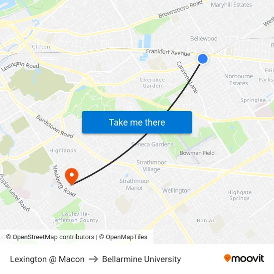 Lexington @ Macon to Bellarmine University map