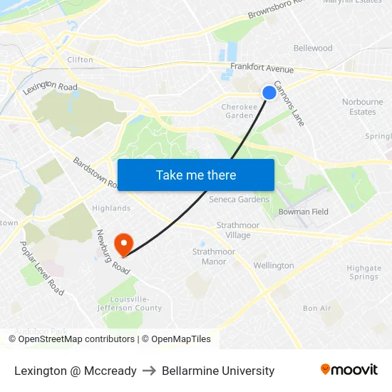 Lexington @ Mccready to Bellarmine University map