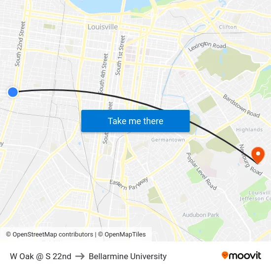 W Oak @ S 22nd to Bellarmine University map