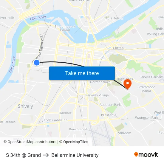 S 34th @ Grand to Bellarmine University map