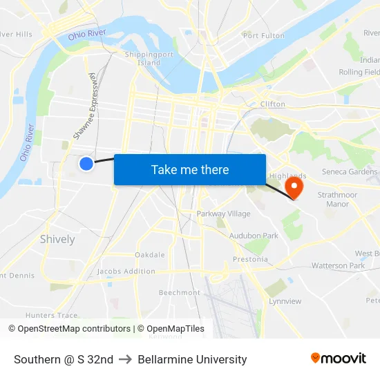 Southern @ S 32nd to Bellarmine University map