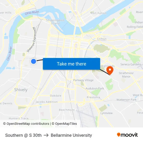 Southern @ S 30th to Bellarmine University map