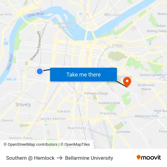 Southern @ Hemlock to Bellarmine University map