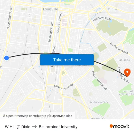 W Hill @ Dixie to Bellarmine University map