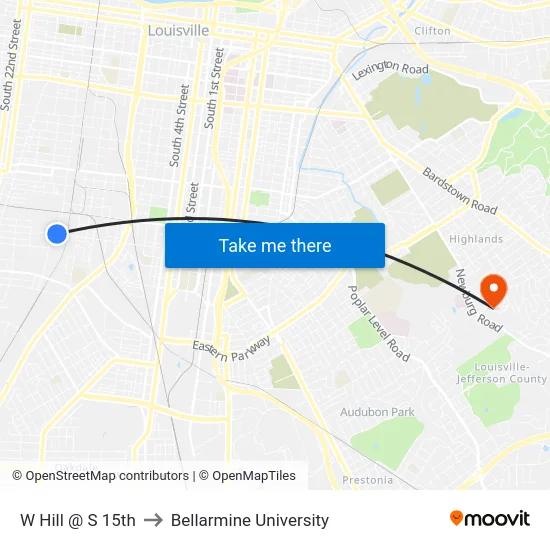 W Hill @ S 15th to Bellarmine University map