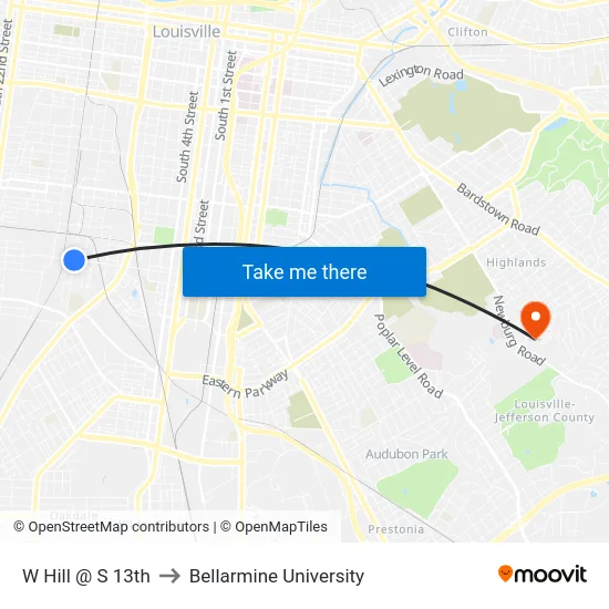W Hill @ S 13th to Bellarmine University map