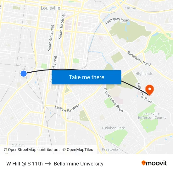W Hill @ S 11th to Bellarmine University map
