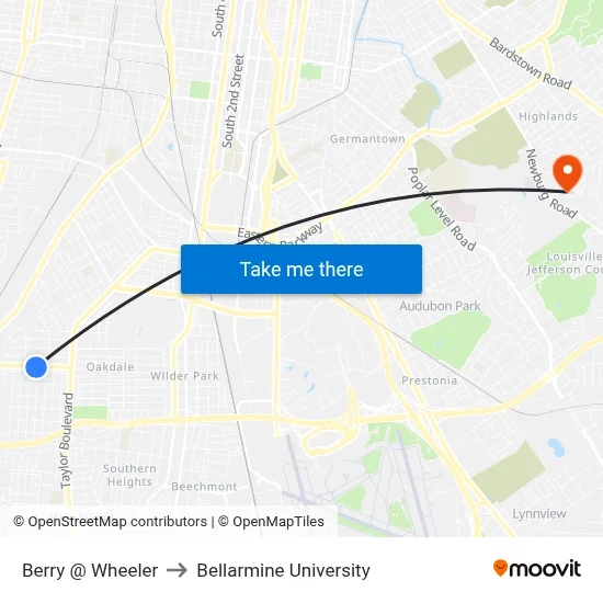 Berry @ Wheeler to Bellarmine University map