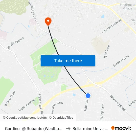 Gardiner @ Robards (Westbound) to Bellarmine University map